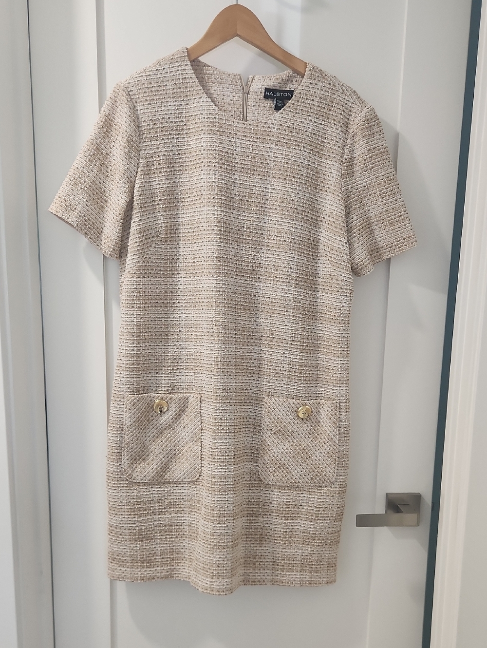 Halston Heritage Beige Tweed Short-Sleeve Shift Dress - Picture 1 of 10
